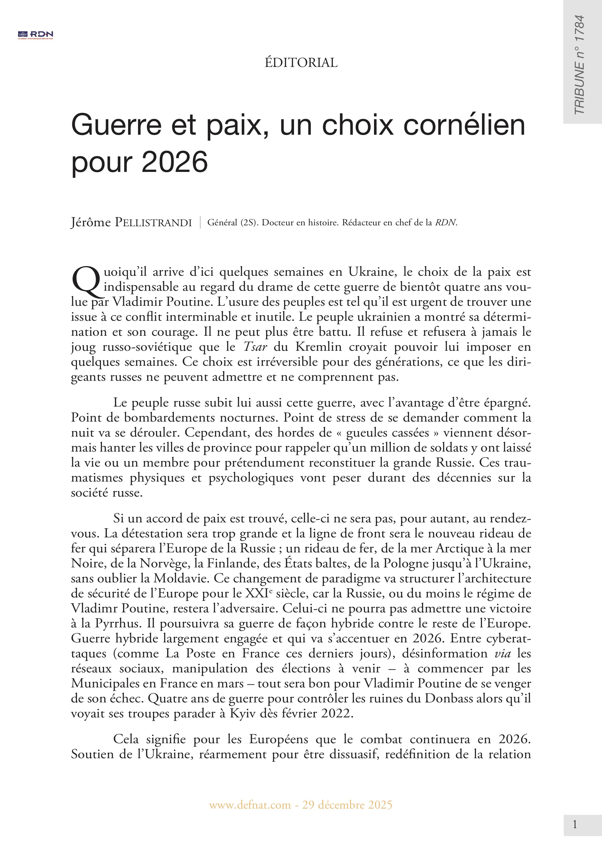 &Eacute;ditorial &ndash;&nbsp;Guerre et&nbsp;paix, un&nbsp;choix&nbsp;corn&eacute;lien pour&nbsp;2026 (T&nbsp;1784)
